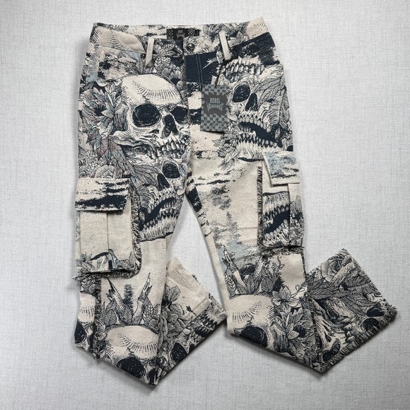 Rebel Jeans Skull Floral Graphic Cargo Straight Leg Cream Black Print Size 30